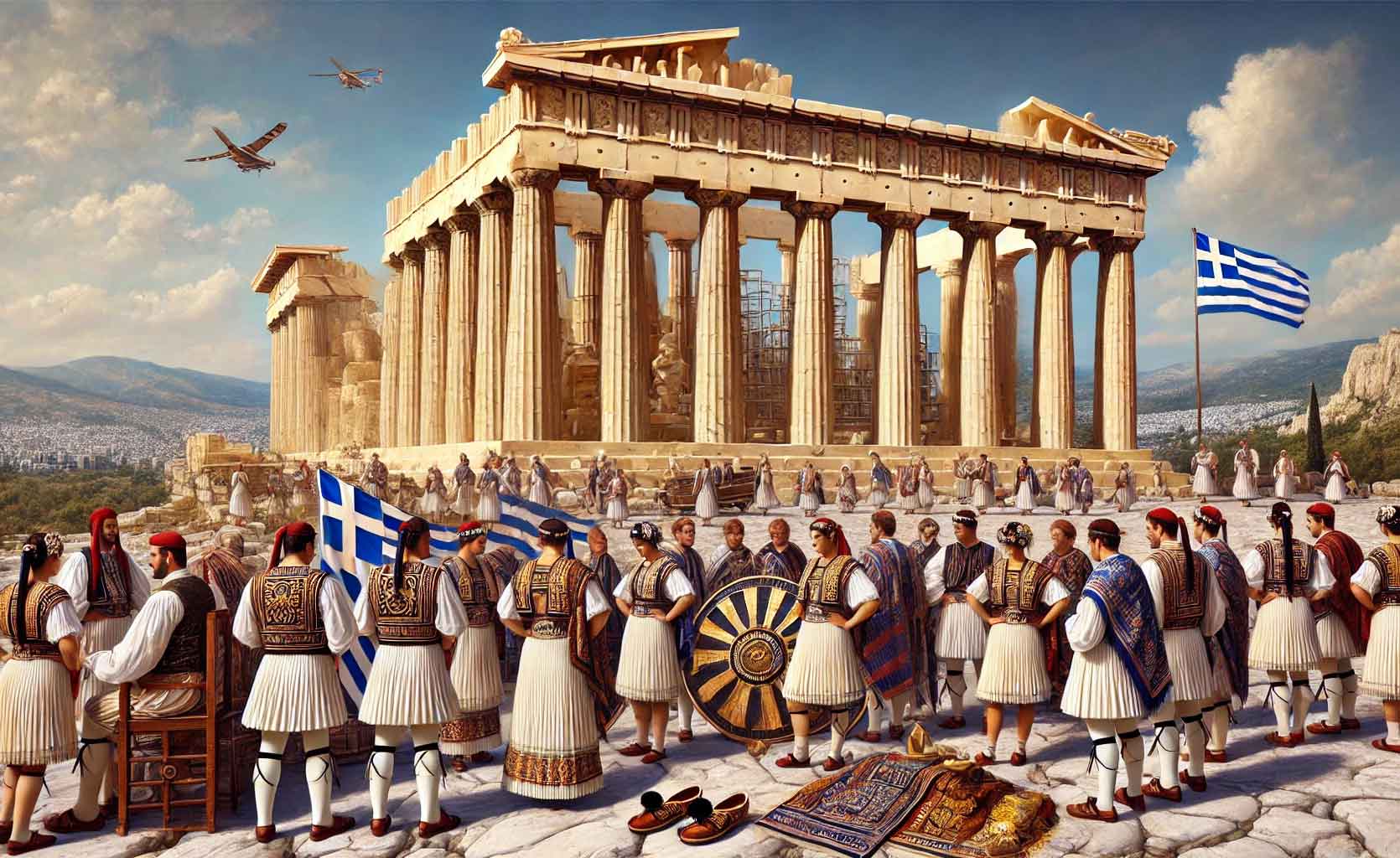 Akropolis Athen und Griechen in traditioneller Kleidung - intermedio.ch - Connecting Cultures
