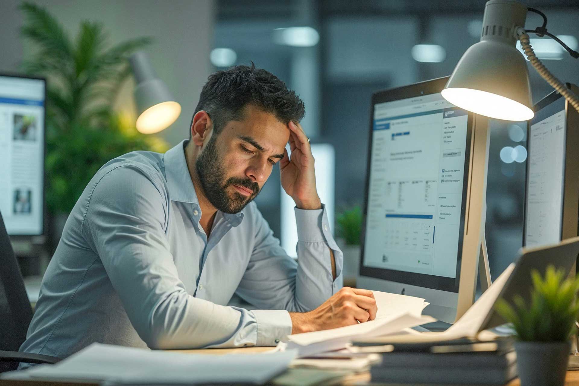 Mann mit langem Arbeitstag und versteckten Stress